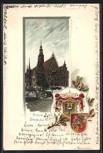 Passepartout-Lithographie Breslau, Wappen und Sicht auf Rathaus