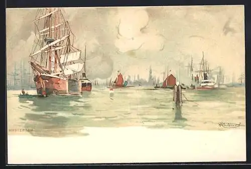 Künstler-Lithographie Henri Cassiers: Amsterdam, Hafenpartie