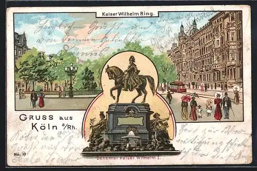 Lithographie Köln-Neustadt, Kaiser Wilhelm Ring, Kaiser Wilhelm Denkmal