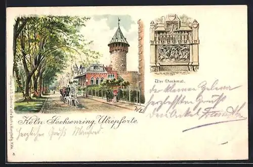 Lithographie Köln-Neustadt, Sachsenring mit Ulrepforte, Ulre-Denkmal