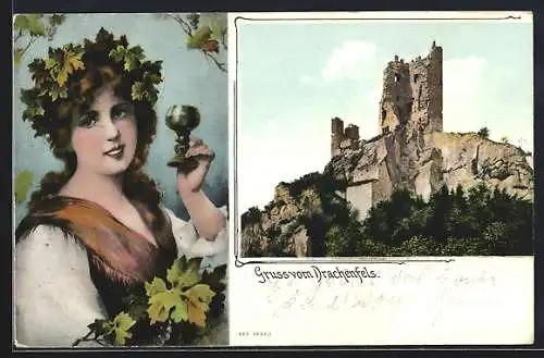 AK Gruss vom Drachenfels, Weintrinkerin