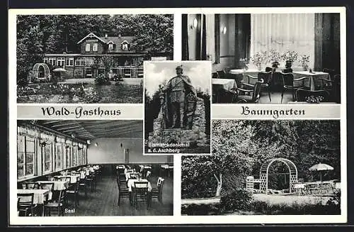 AK Bistensee, Waldgasthaus Baumgarten, Inh. H. Schulz, Gartenpartie und Innenansichten, Bismarckdenkmal