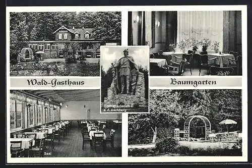 AK Bistensee, Waldgasthaus Baumgarten, Inh. H. Schulz, Gartenpartie und Innenansichten, Bismarckdenkmal