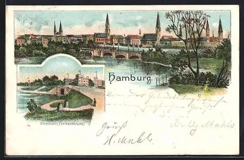 Lithographie Hamburg, Panorama, Uhlenhorst-Feenteichbrücke