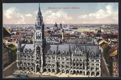 AK München-Au, Teilansicht mit neuem Rathaus und Strassenbahn