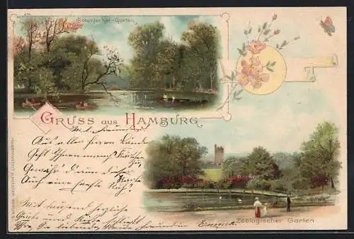 Lithographie Hamburg-St.Pauli, Botanischer-Garten, Zoologischer Garten