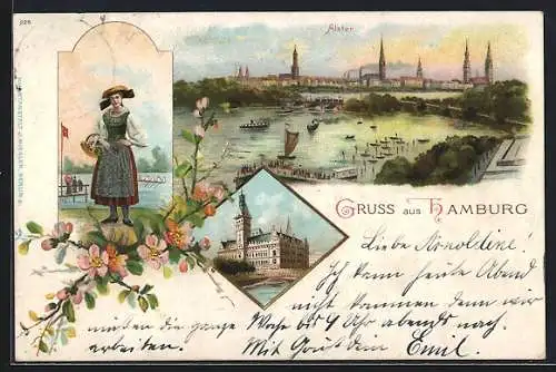 Lithographie Hamburg-Neustadt, Hamburgerin in ihrer Tracht, Alster, Dampfer, Rathaus um 1900