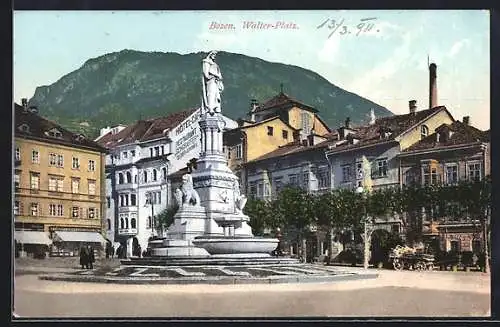 AK Bozen / Bolzano, Waltherplatz mit Waltherdenkmal, Pferdegespann