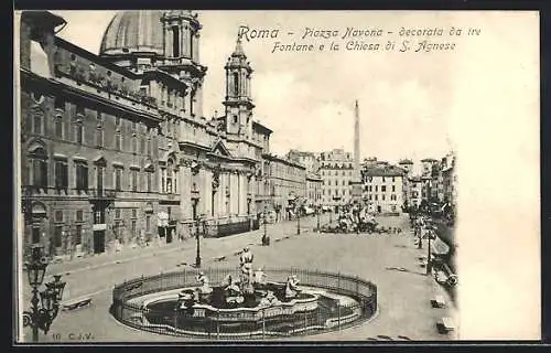 AK Roma, Piazza Navona decorata da tre Fontane e la Chiesa di S. Agnese