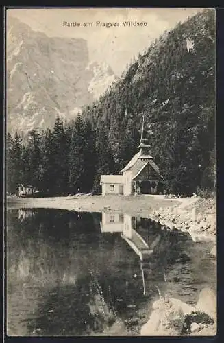 AK Prags, Pragser Wildsee, Partie mit Kirche