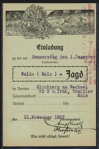 AK Kirchberg am Wechsel, Jagdeinladung zur Wald-Molz-Jagd am 21. November 1927