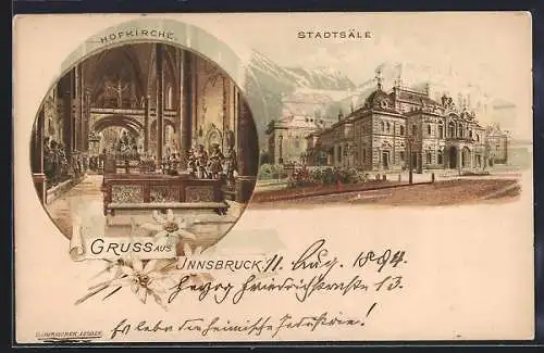 Vorläufer-Lithographie Innsbruck, 1894, Innenansicht der Hofkirche, Stadtsäle, Edelweiss