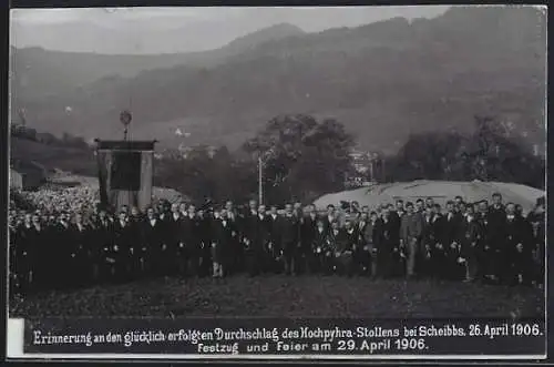 AK Scheibbs, Durchschlag des Hochpyhra-Stollens 1906, Festzug und Feier