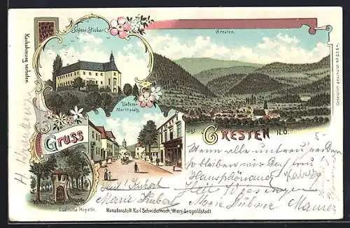 Lithographie Gresten, Unterer Marktplatz, Schloss Stiebar, Ludmilla Kapelle