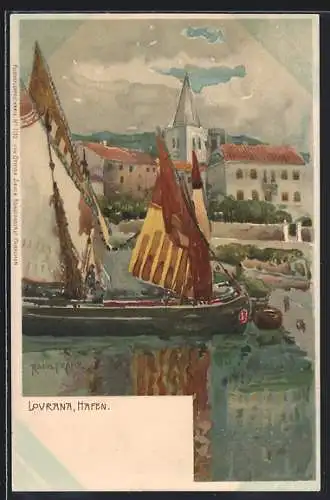 Künstler-Lithographie Raoul Frank: Lovran / Lauran, Partie im Hafen, Segelboot