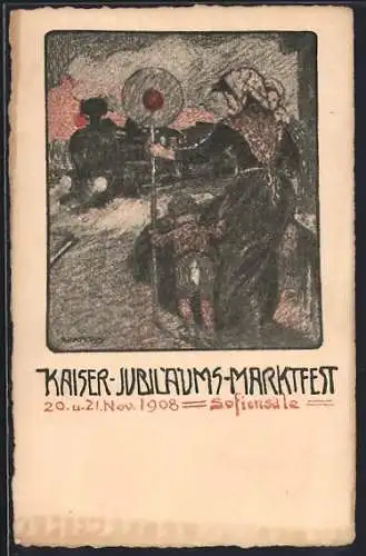 Künstler-AK Wien, Kaiser-Jubiläums-Marktfest 1908, Sofiensäle, Einfahrender Zug