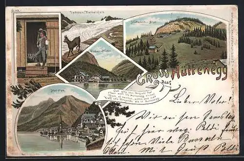 Lithographie Hallstatt, Hüttenegg, Blick auf die Alpe, Gosau-Mühle, Karlseisfeld am Dachstein