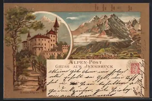 Lithographie Innsbruck, Alpen - Post, Panorama mit Schloss Ambras