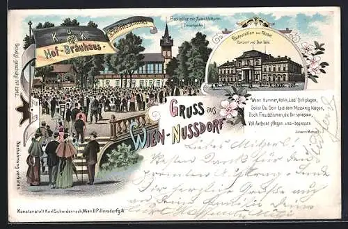 Lithographie Wien-Nussdorf, Gasthaus K. u. K. Hof-Bräuhaus, Restauration zur Rose