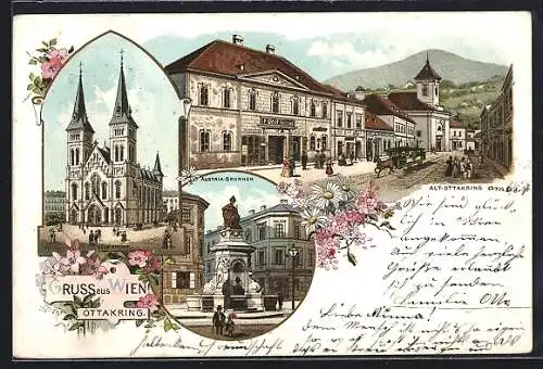 Lithographie Wien-Ottakring, Strassenpartie mit Gasthaus F. Graf, Neue Kirche, Austria Brunnen