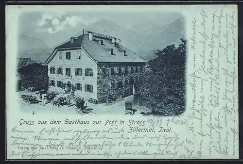 Mondschein-AK Strass i. Zillerthal, Gasthaus zur Post bei Nacht