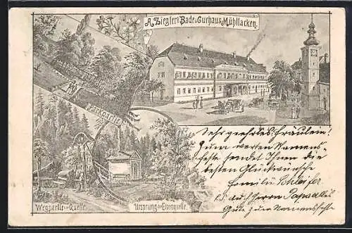 Lithographie Mühllacken, Curhaus, Wegpartie zur Quelle, Ursprung der Eisenquelle