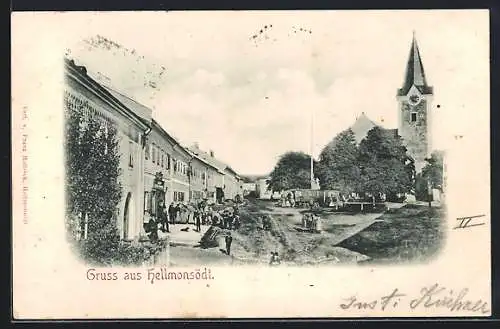 AK Hellmonsödt, Strassenpartie mit Kirche