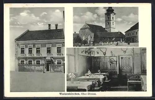 AK Waizenkirchen /Ober-Donau, Gasthaus zur deutschen Eiche, Bes. Betty Doppler, Innenansicht und Turm