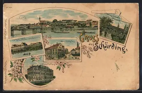 Lithographie Schärding, Wasserheilanstalt Ebenhecht, Stadtplatz, Neue Schule