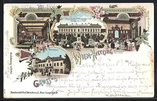 Lithographie Wien-Hietzing, Hotel Hietzinger Hof, Innenansicht der Altdeutschen Weinstube, Wohnhaus