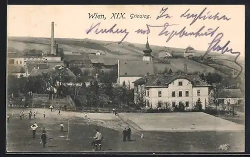 AK Grinzing /Wien, Ortsansicht mit Sportplatz