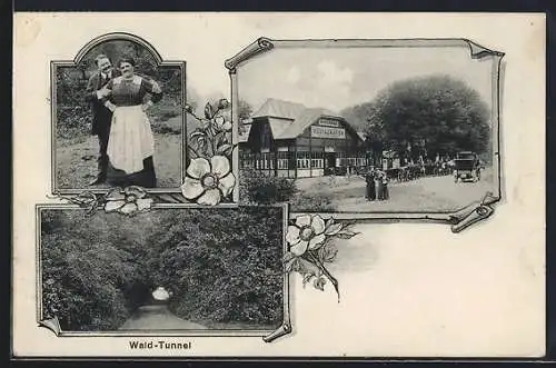 AK Freudenau /Wien, Franz Plankenbüchler`s Café zur Waldandacht, Wald-Tunnel und Besucher