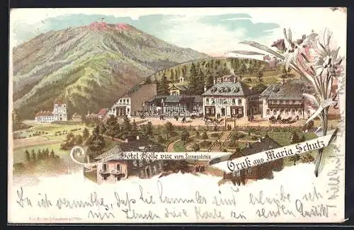 Lithographie Maria Schutz, Hotel Belle vue vorm. Sonnwendstein, Berge