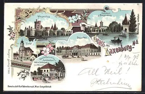 Lithographie Laxenburg /N. Ö., Franzenburg, Blauer Hof und Russin`s Restaurant