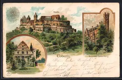 Lithographie Coburg, Veste, Schloss Callenberg, Schloss Rosenau, Sonnenschein