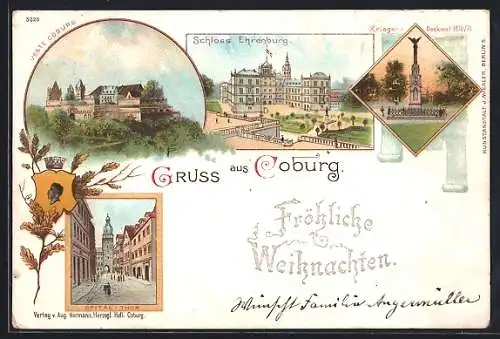 Lithographie Coburg, Schloss Ehrenburg, Veste, Spital-Thor