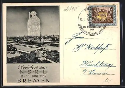 AK Bremen, 1. Kreisfest des N.S.R.L. 1939, Tag der Briefmarke 10.1.1943