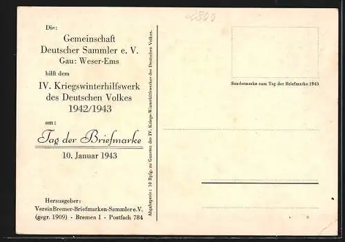 AK Bremen, 1. Kreisfest des N.S.R.L. 1939, Tag der Briefmarke 10.1.1943