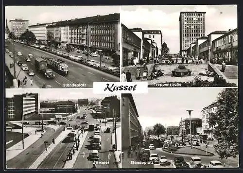 AK Kassel, Ständeplatz mit Strassenbahn, Treppenstrasse, Altmarkt mit Strassenbahn