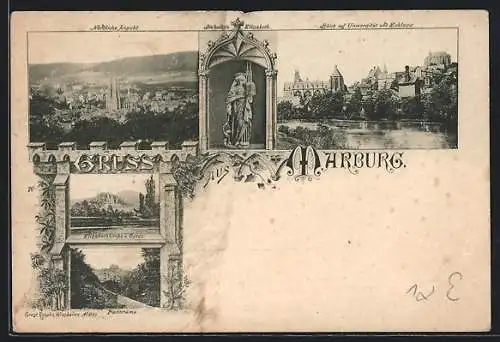 AK Marburg, Elisabethkirche v. Osten, Die heilige Elisabeth, Blick auf Universität und Schloss