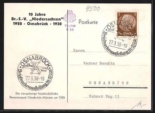 AK Osnabrück, 10 Jahre Br.-S.-V. Niedersachsen, 1928-1938, Vierspännige Fürstbischöfliche Personenpost