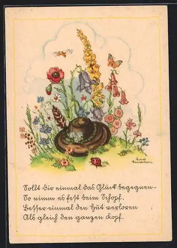 Künstler-AK sign. Liesel Lauterborn: Hut mit Feder inmitten bunter Blumen, Gedicht