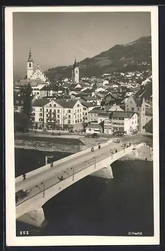 AK Schwaz, Ortsansicht über eine Brücke