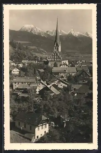 AK Imst, Blick über den Ort auf die Mieminger Alpen