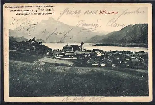 AK Mondsee, Ortsansicht mit See und Bergen