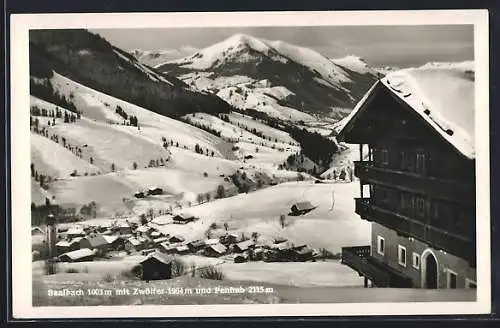 AK Saalbach, Ortsansicht im Winter mit Zwölfer und Penhab