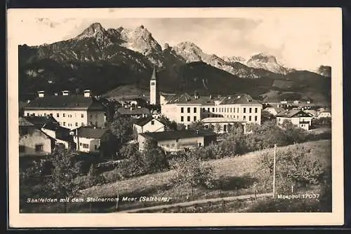 AK Saalfelden /Salzburg, Ortsansicht mit dem Steinernem Meer