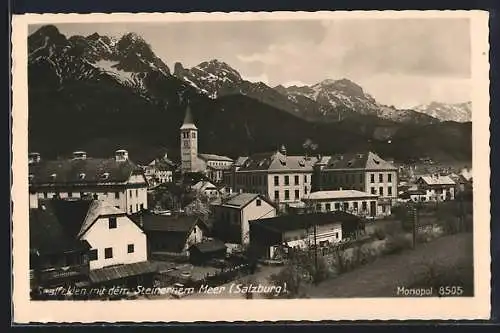 AK Saalfelden, Ortsansicht mit der Kirche und dem Steinernem Meer