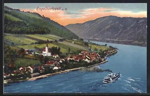 AK Engelhartszell a. D., Ortsansicht mit Flusspartie und Dampfer