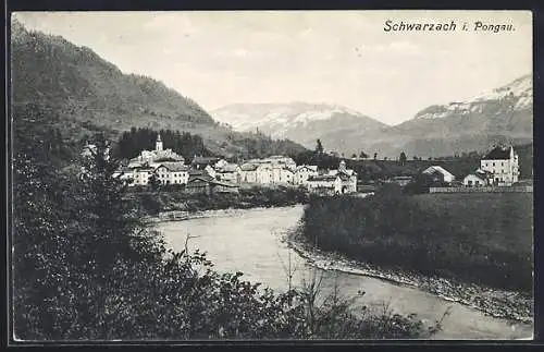 AK Schwarzach i. Pongau, Teilansicht mit Fluss und Blick auf Kirche und Gebirge